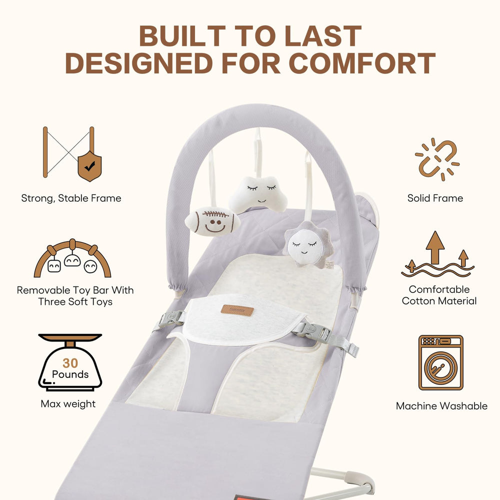 Susomx Baby Bouncer showing 3-height adjustments for growing infants safely