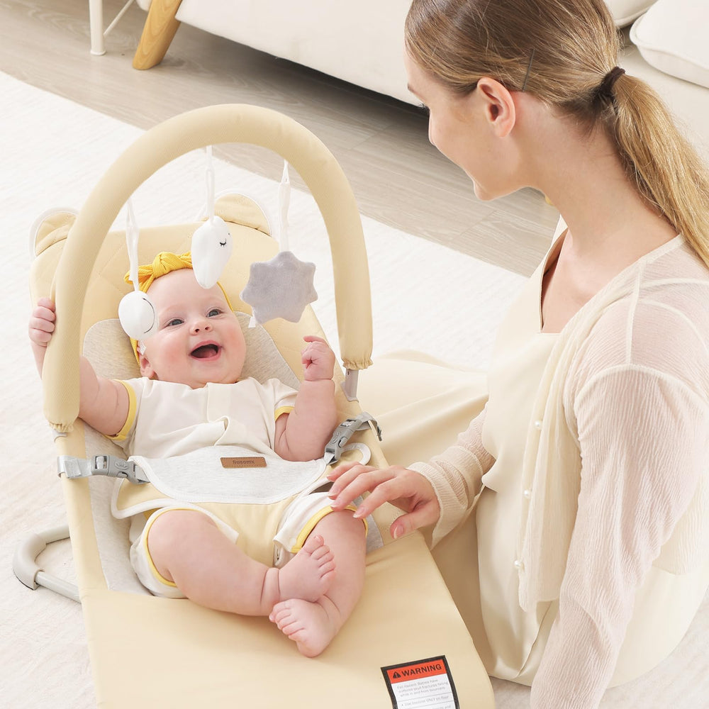 Susomx baby bouncer folded compact for travel storage.