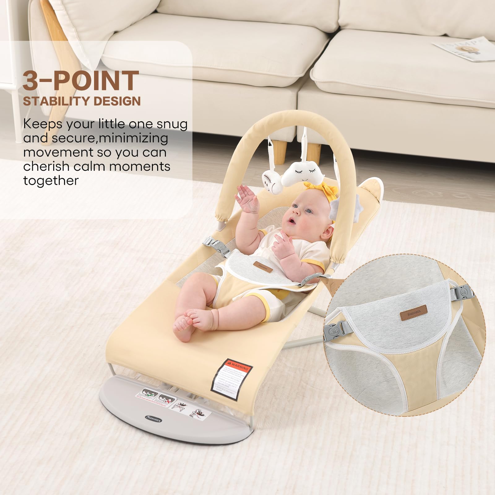 Susomx baby bouncer secure harness ensures snug fit.