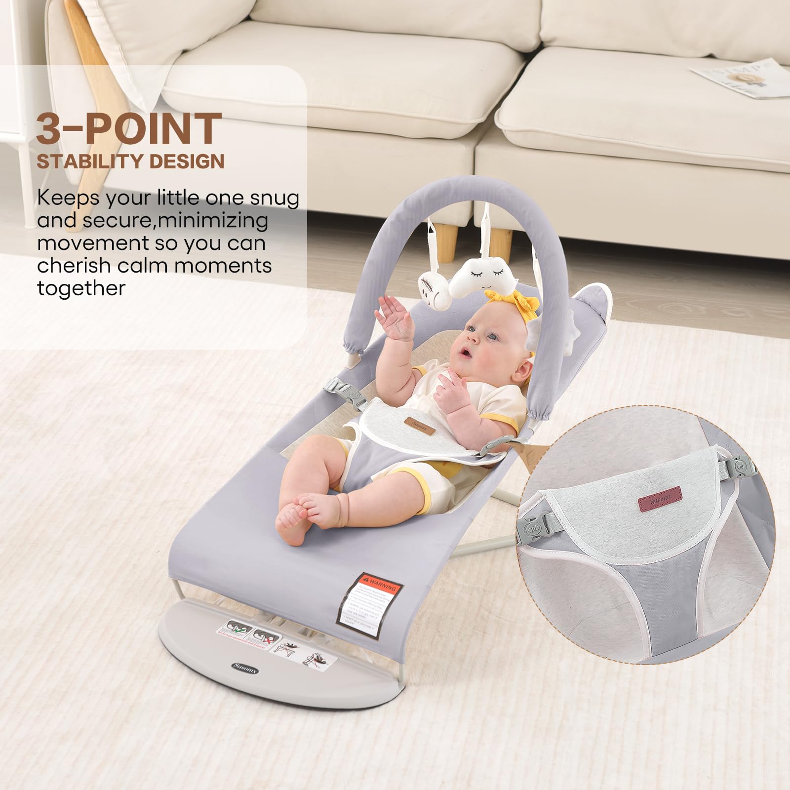 Susomx Baby Bouncer secure harness keeps baby safe during use