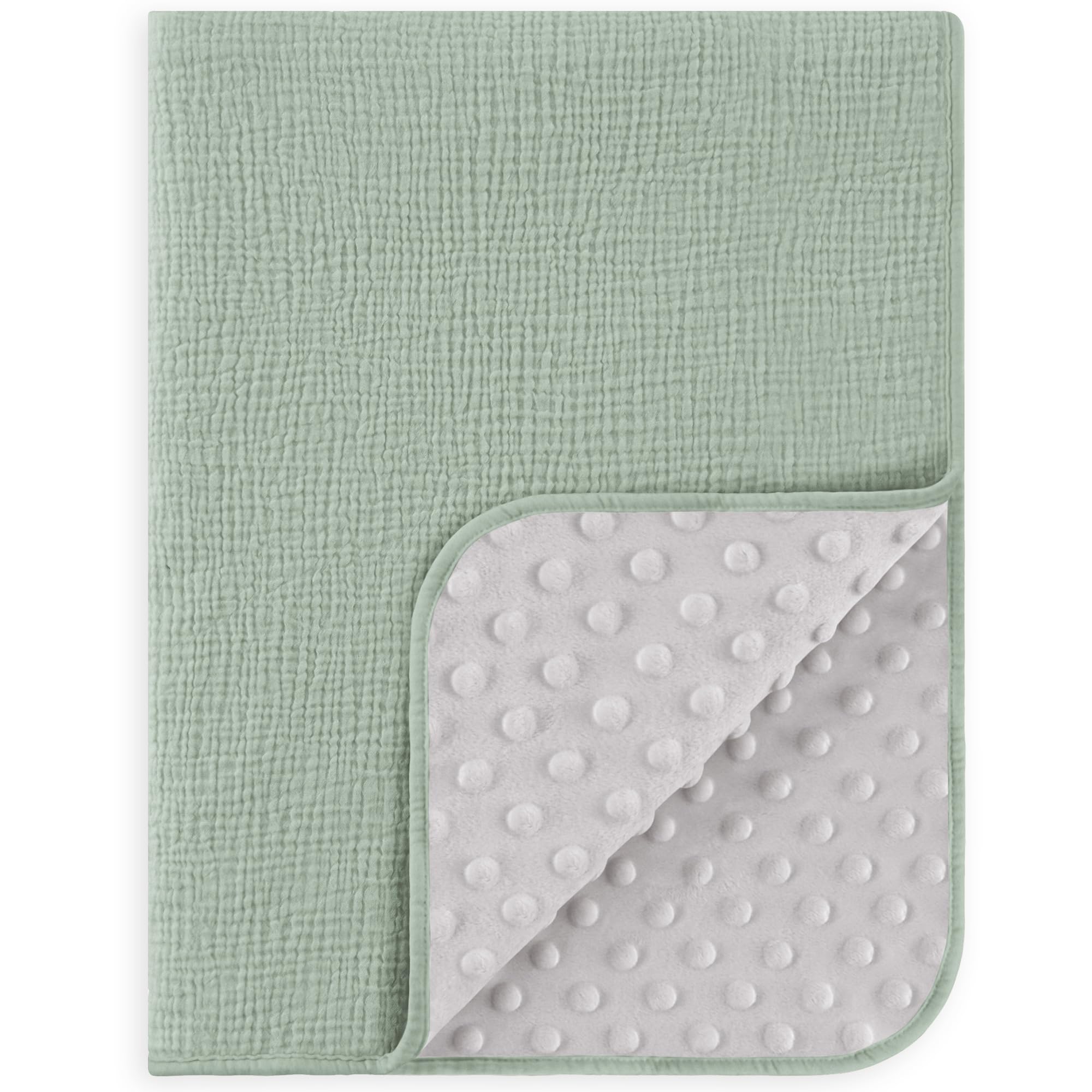 Susurration baby blanket with muslin front in green for gentle warmth.