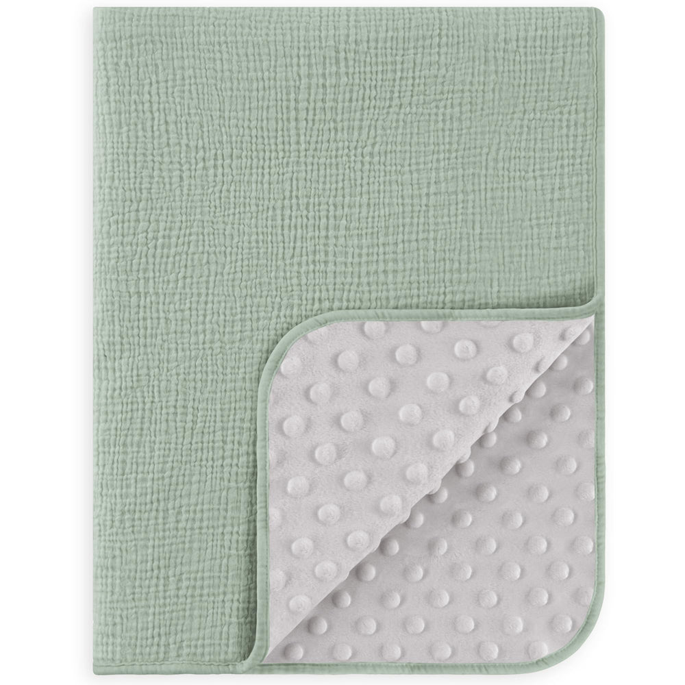 Susurration baby blanket with muslin front in green for gentle warmth.