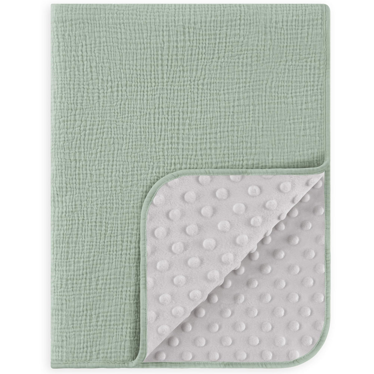 Susurration baby blanket with muslin front in green for gentle warmth.