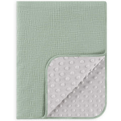 Susurration baby blanket with muslin front in green for gentle warmth.