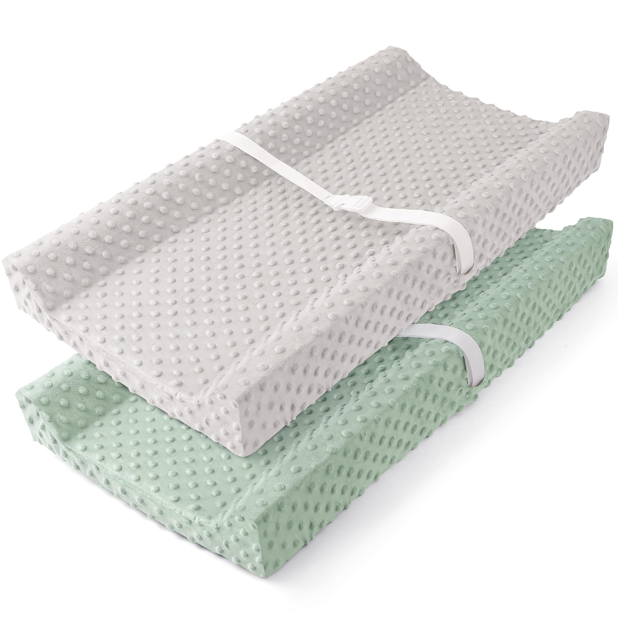 Susurration changing pad cover with soft minky dots in grey-green for gentle diaper changes.