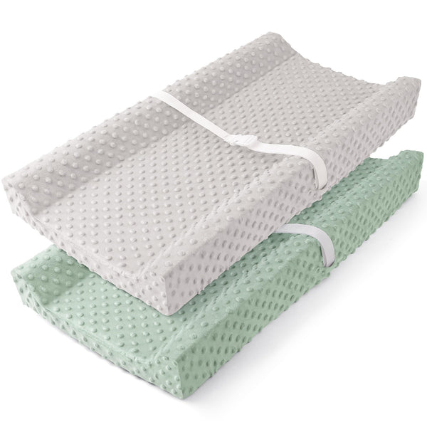 Susurration changing pad cover with soft minky dots in grey-green for gentle diaper changes.