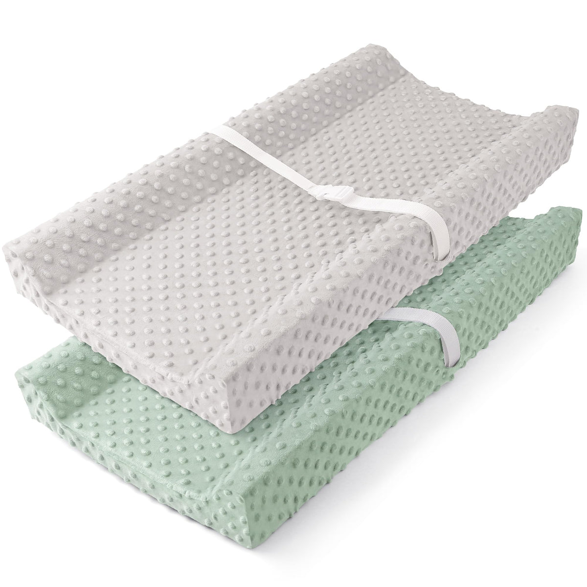 Susurration changing pad cover with soft minky dots in grey-green for gentle diaper changes.