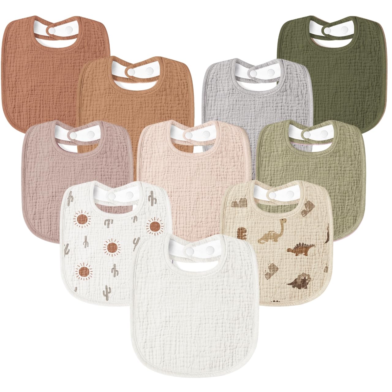 Susurration Dinosaurs Park muslin bibs pack, soft absorbent front with plush backing.