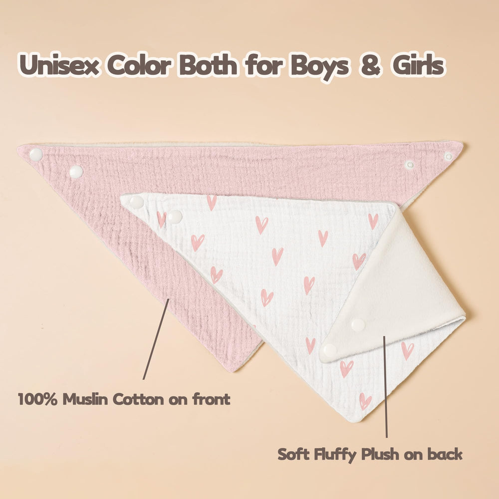 Susurration muslin baby bib adjustable snaps demonstrated in flatlay for growing babies.