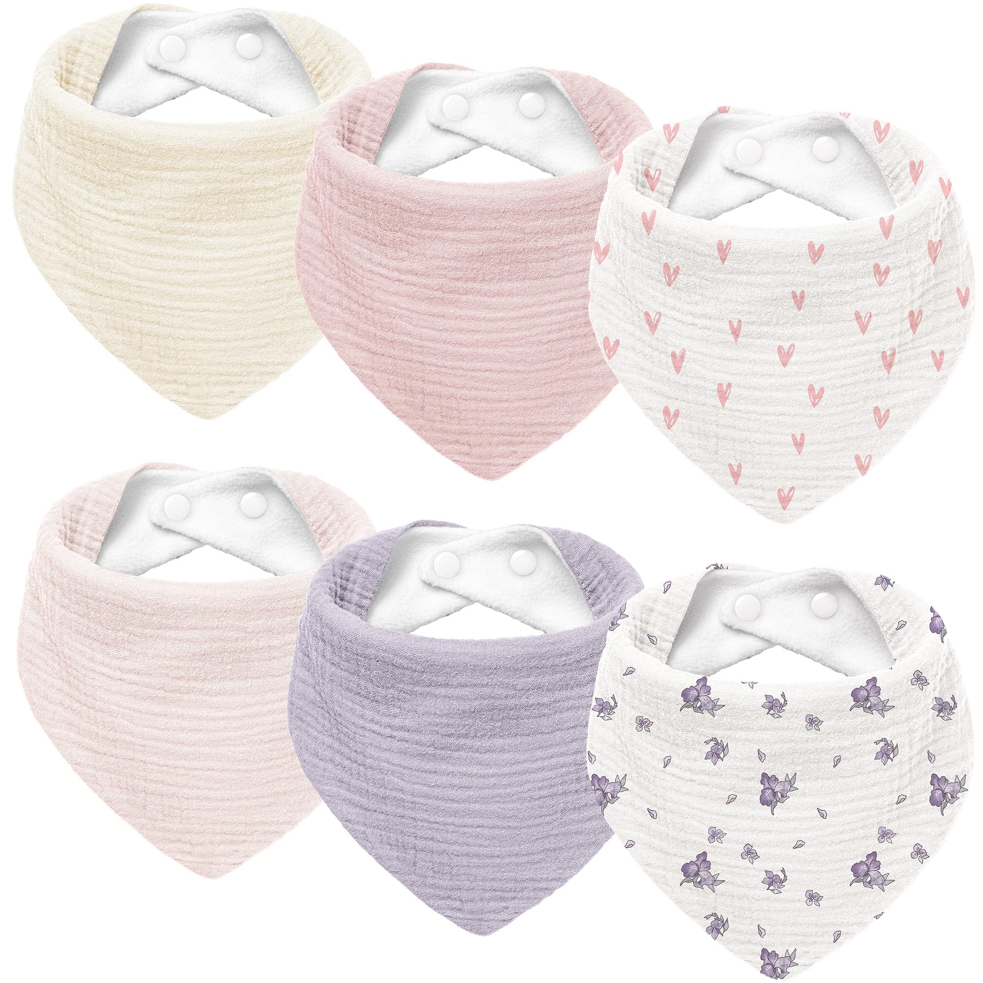 Susurration muslin baby bib flatlay 6-pack showcases soft absorbency for drool and mess.