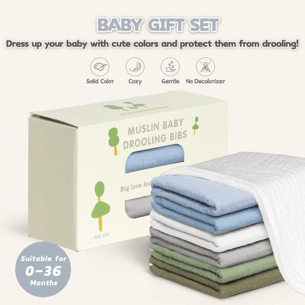 Susurration Muslin Bibs care and washing image emphasizes machine washable design.