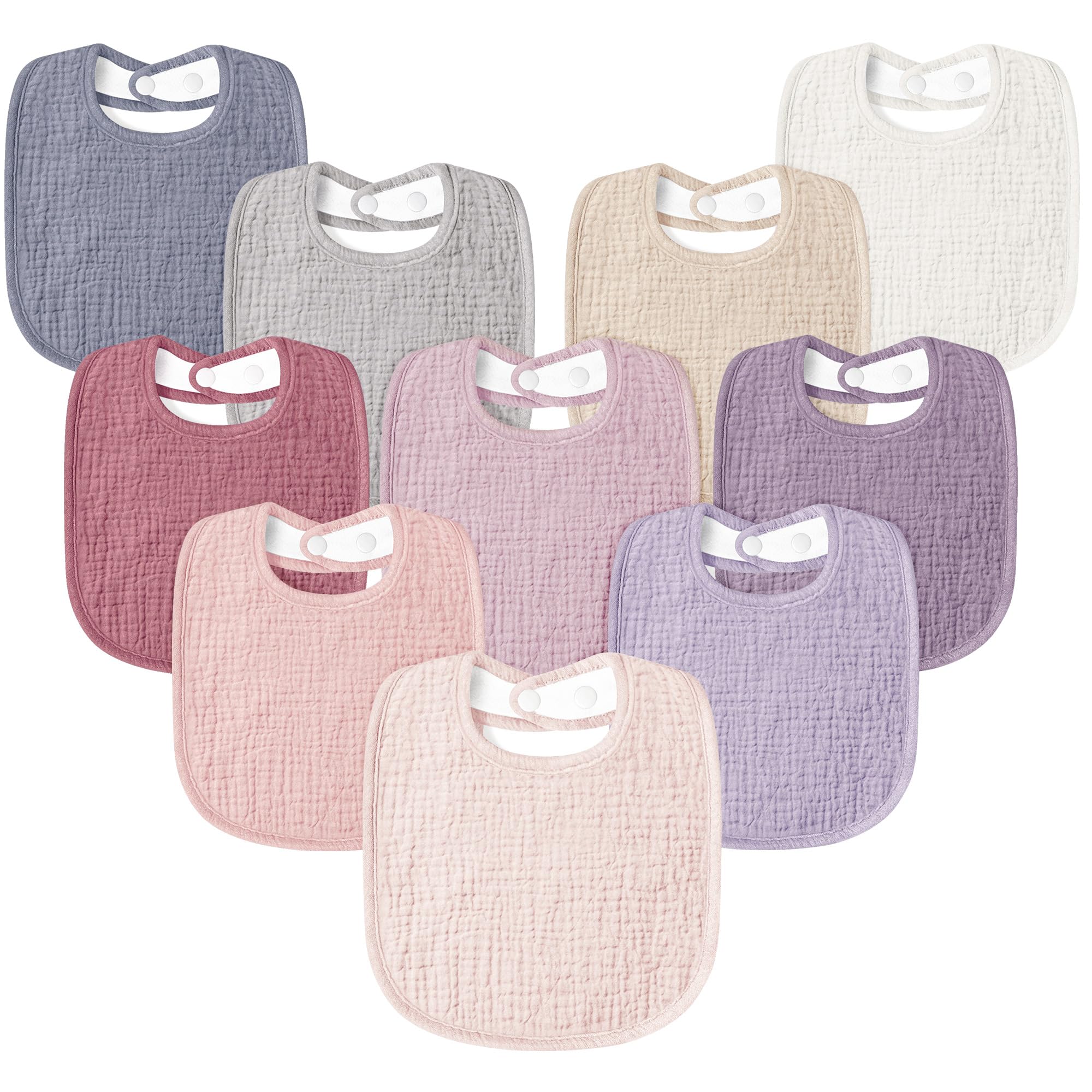 Susurration muslin baby drool bib pink 10-pack flatlay for everyday spill protection.