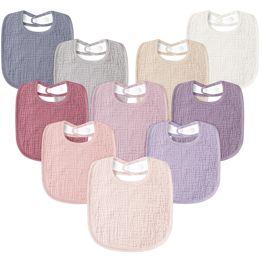 Susurration muslin baby drool bib pink 10-pack flatlay for everyday spill protection.