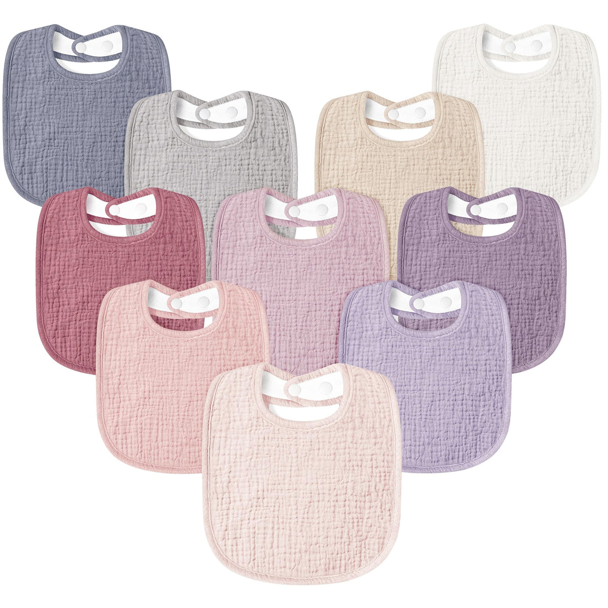 Susurration muslin baby drool bib pink 10-pack flatlay for everyday spill protection.