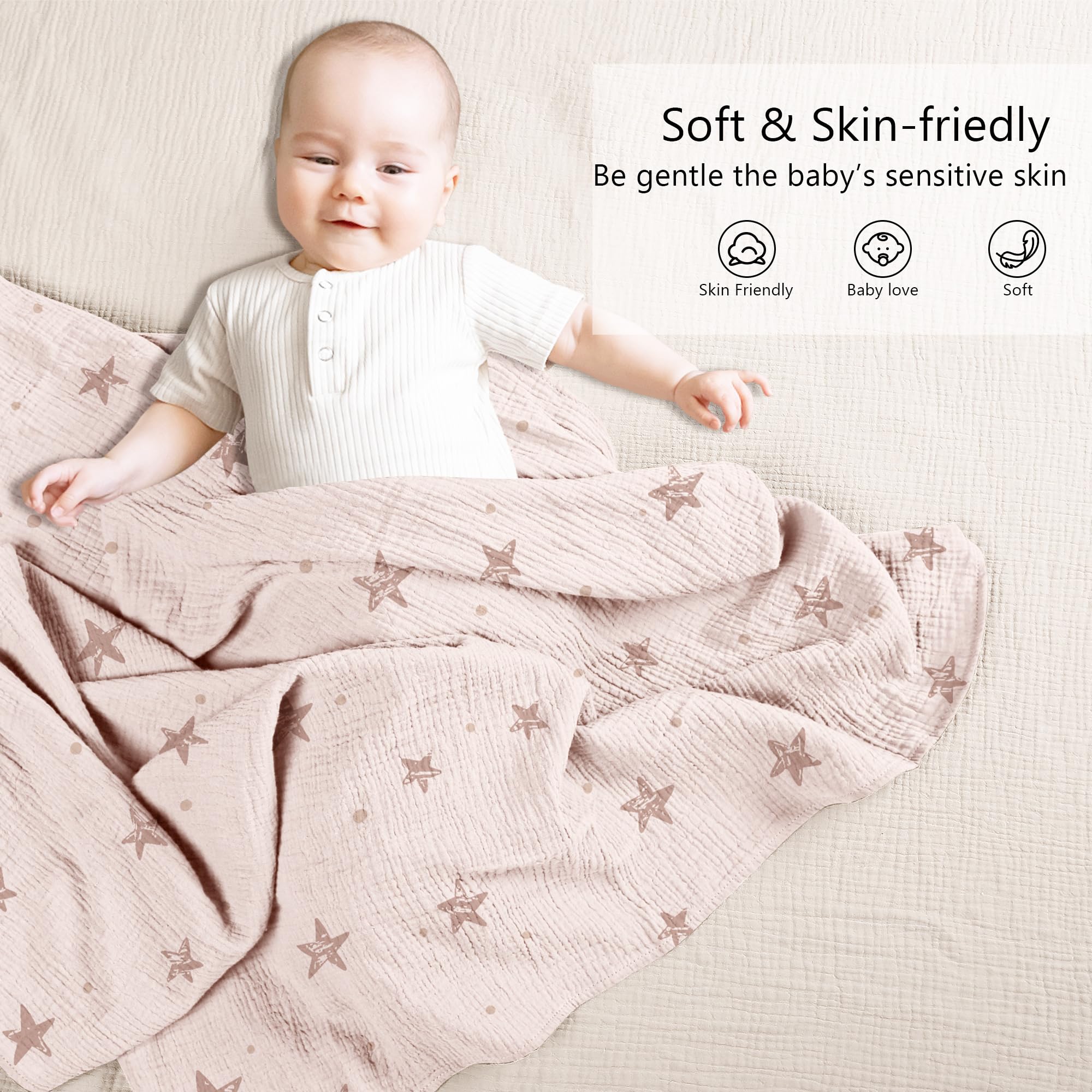 Susurration pink-stars muslin blanket highlights breathable cotton for comfortable naps