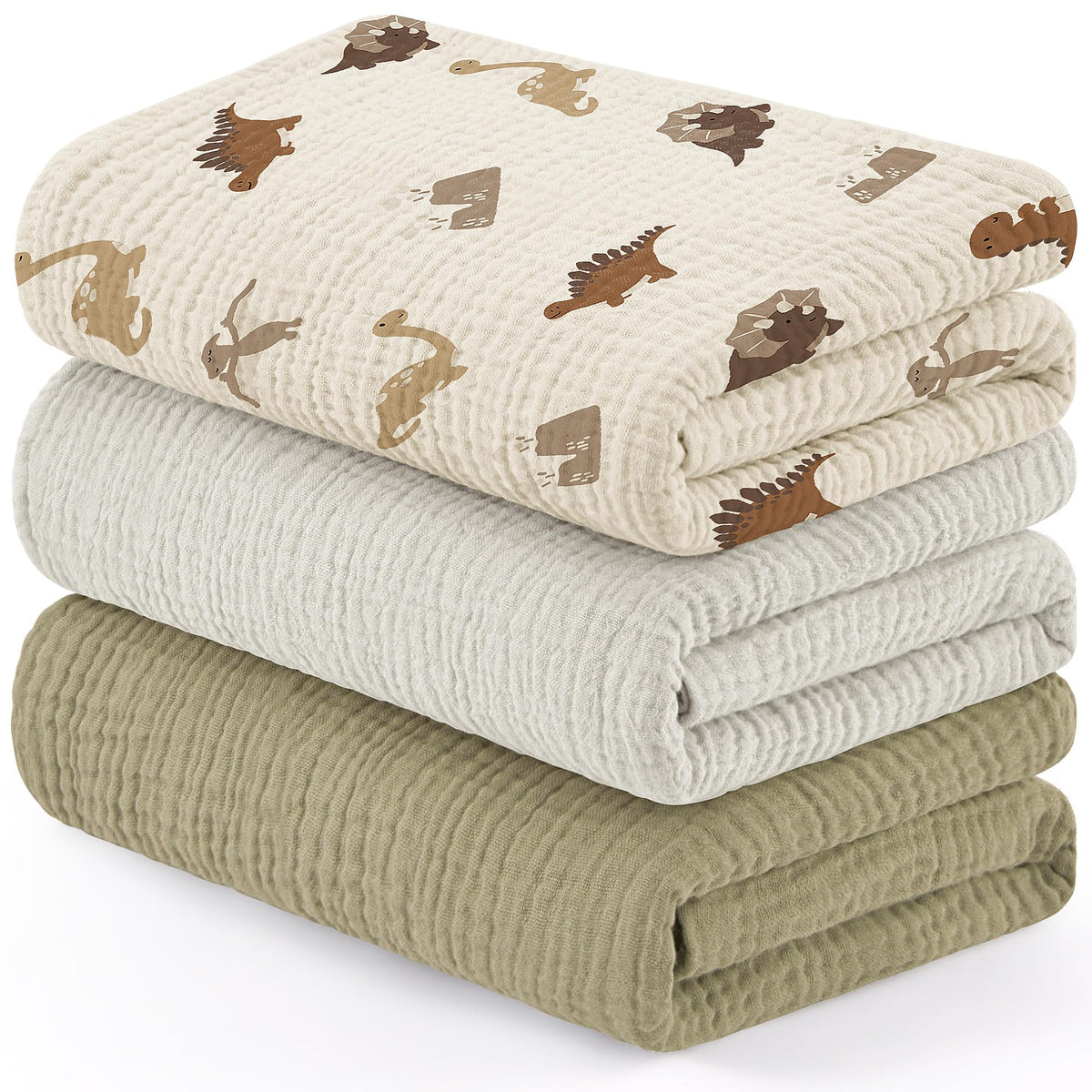 Susurration Muslin blanket with dinosaur pattern, soft for gentle newborn swaddling.