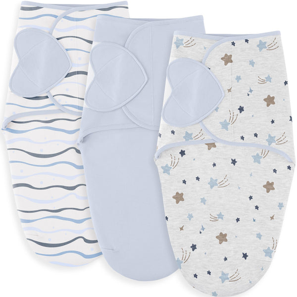 Susurration three-pack swaddles in soft cotton for gentle newborn comfort.