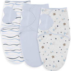 Susurration three-pack swaddles in soft cotton for gentle newborn comfort.