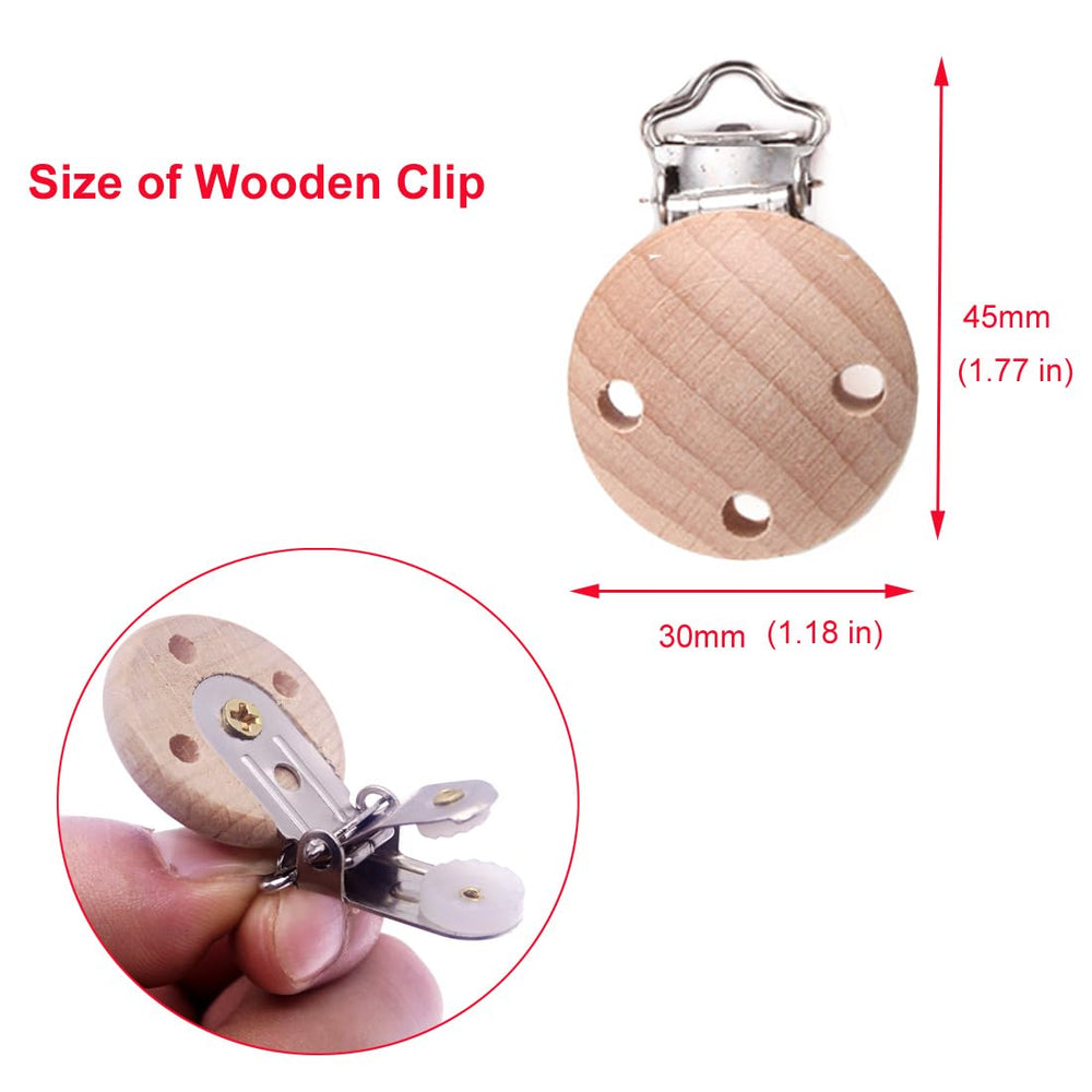 Sutoyuen Wood Pacifier Clip attached to clothing keeps pacifiers within reach.