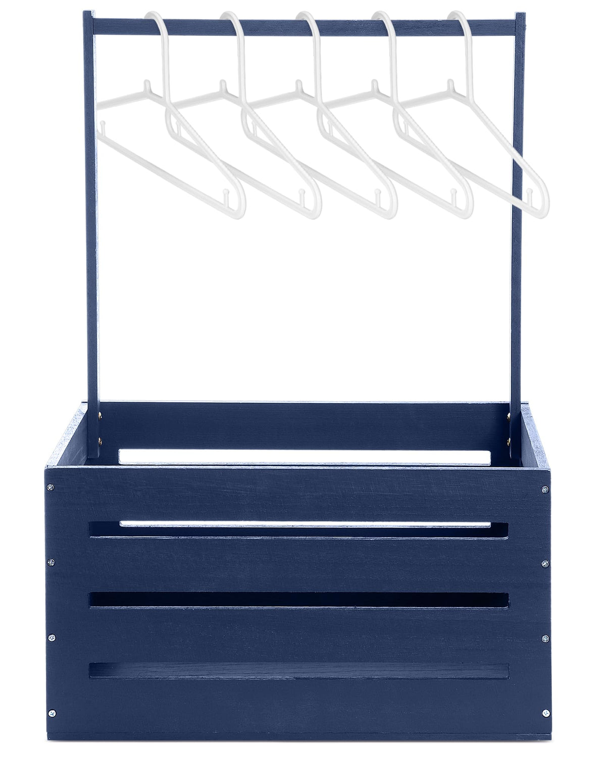 Suzile navy blue wooden baby shower crate, assembled and ready for display at a party