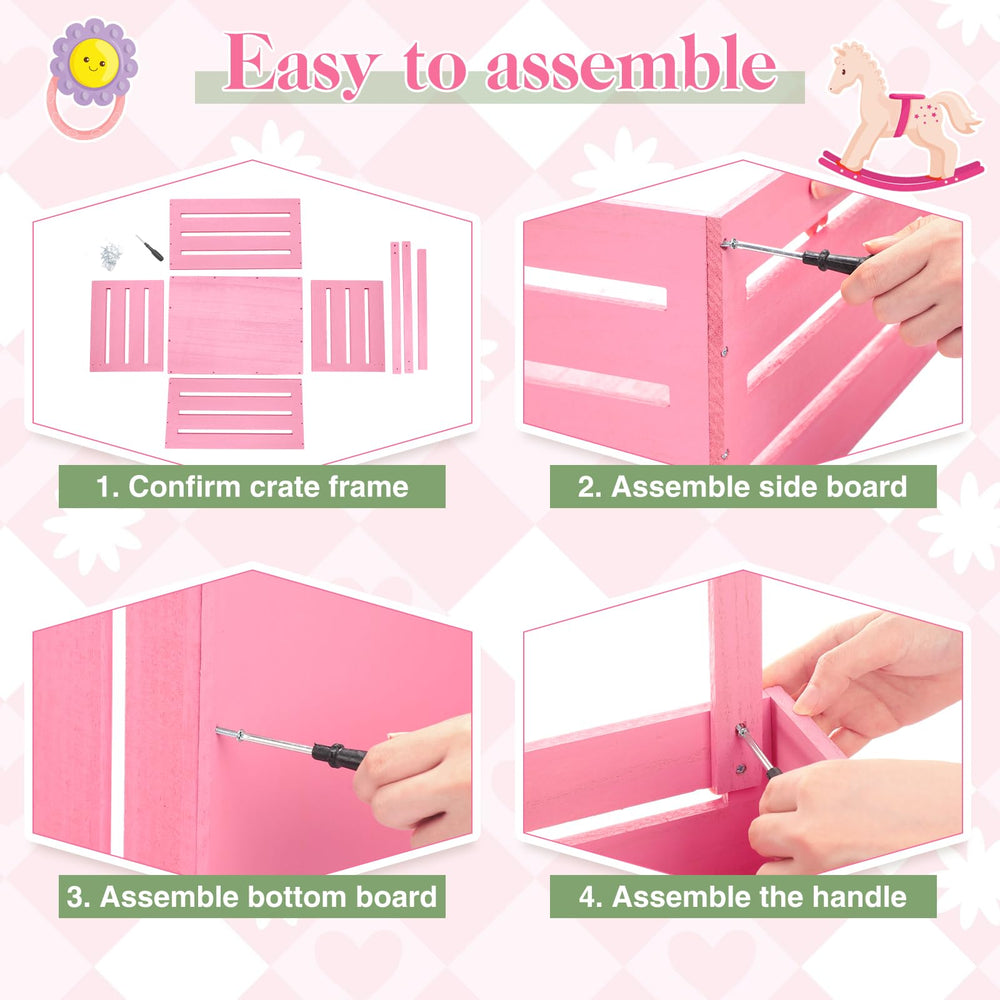 Suzile pink wooden crate during assembly with screws and predrilled parts.