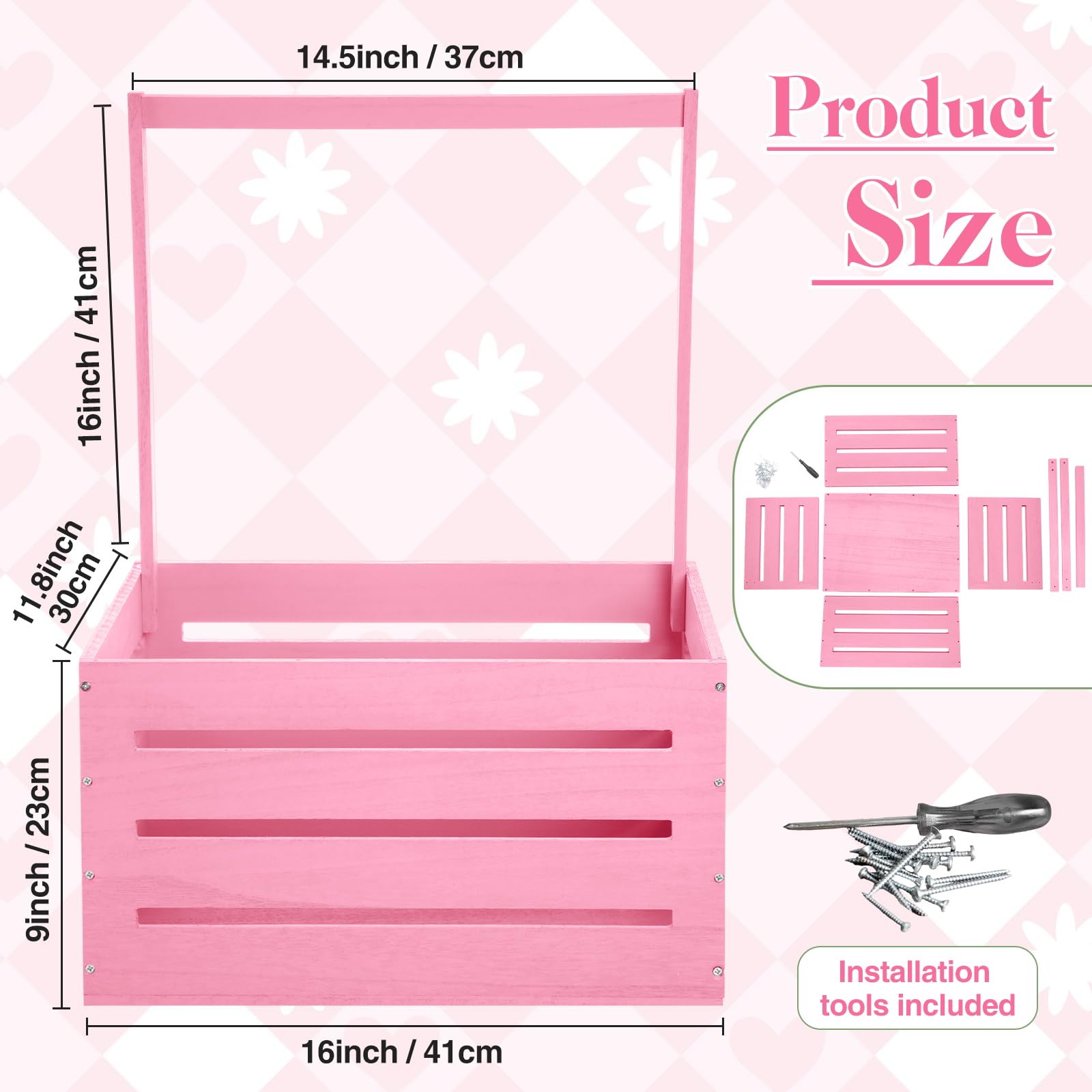 Suzile pink wooden crate with roomy interior for clothes, diapers, and toys.