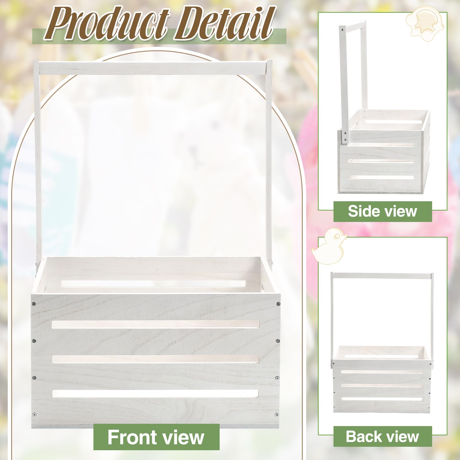 Suzile white wooden baby shower crate close-up of handle and garland option