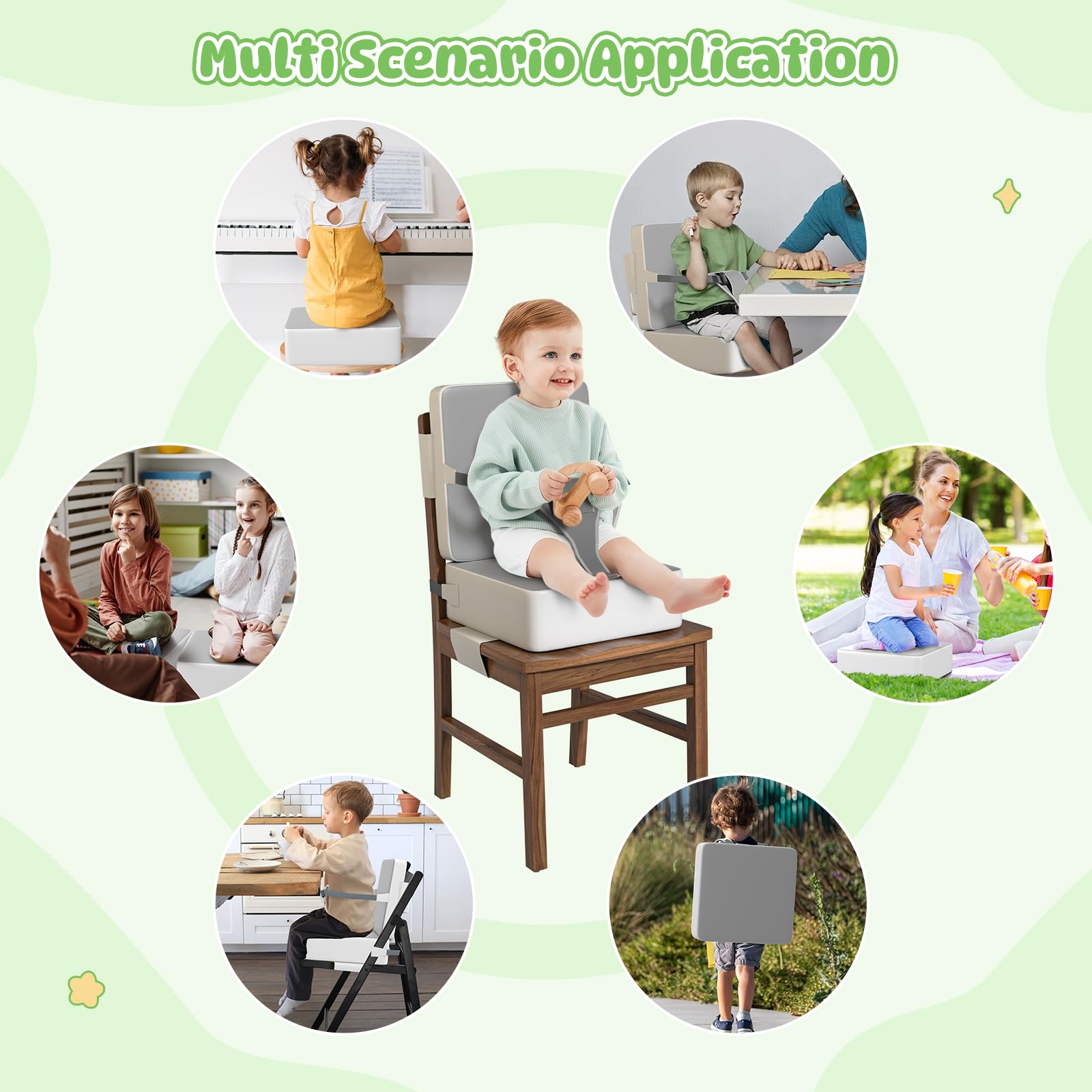 Svkipibe booster seat with backrest adds extra support for toddlers during meals.