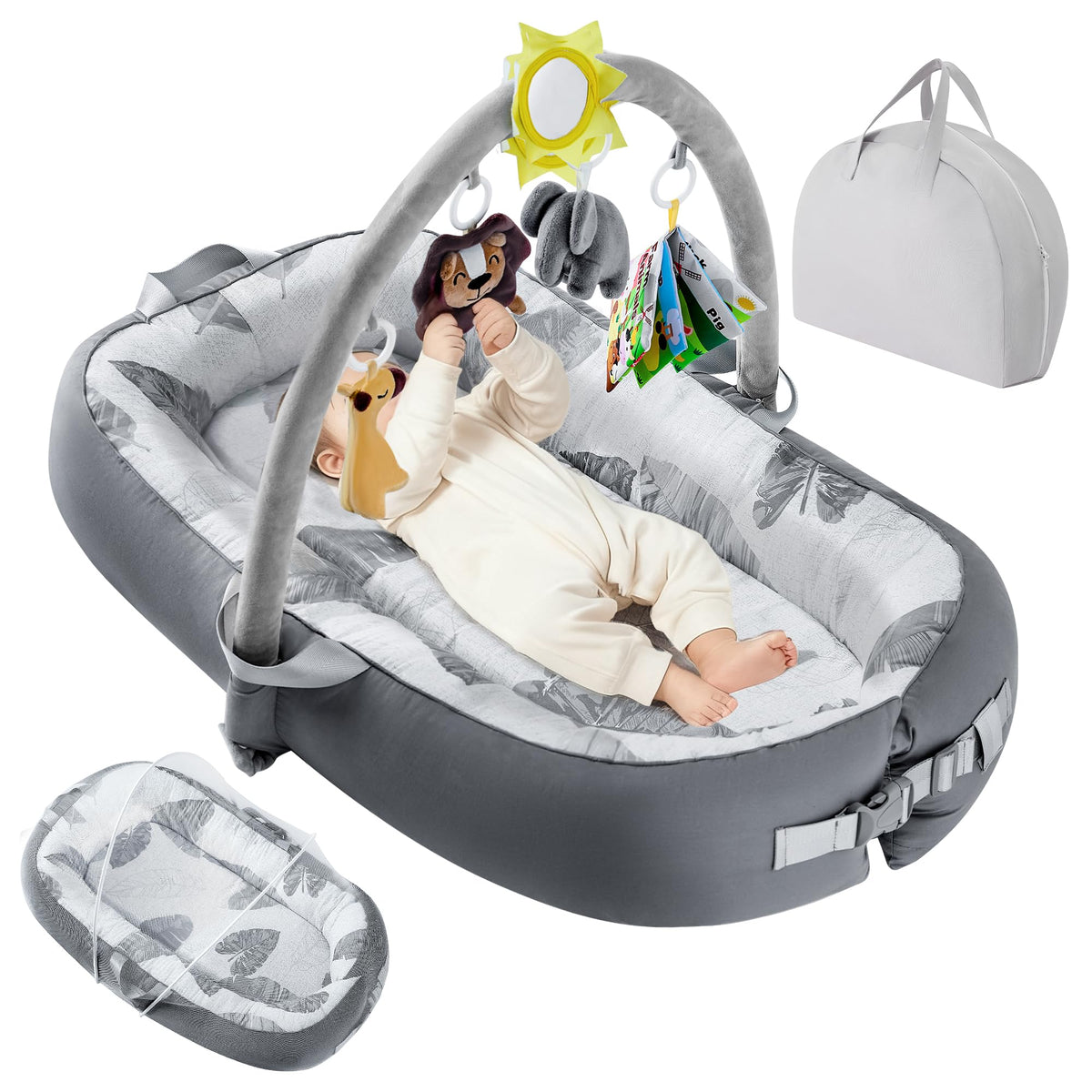 Swaathani portable baby lounger in gray, travel friendly and compact for on the go