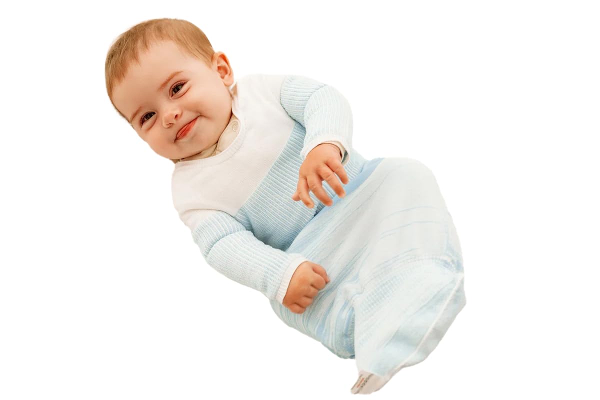 Swaddelini arms out sleep sack front view in blue supports gentle soothing for calmer nights