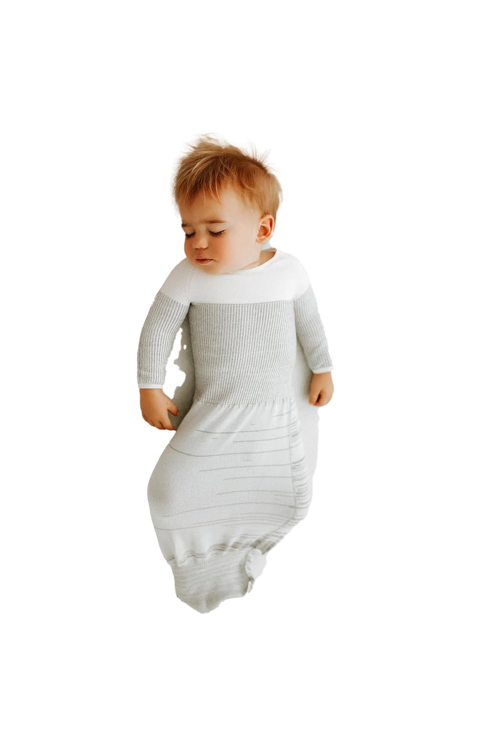 Swaddelini arms-out sleep sack grey front view promotes comfort during sleep transitions.
