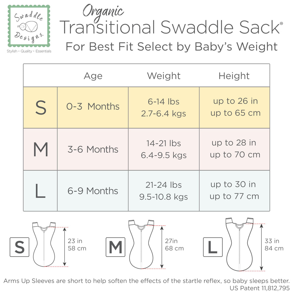 SwaddleDesigns Size M 6-9 months fits babies between 14 and 21 pounds.