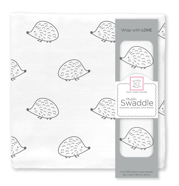 SwaddleDesigns Black Hedgehog muslin blanket in 46x46 inches, cozy and soft