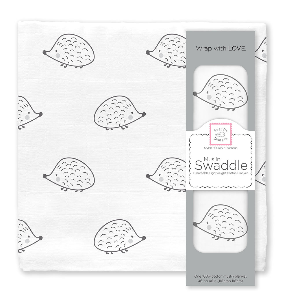 SwaddleDesigns Black Hedgehog muslin blanket in 46x46 inches, cozy and soft