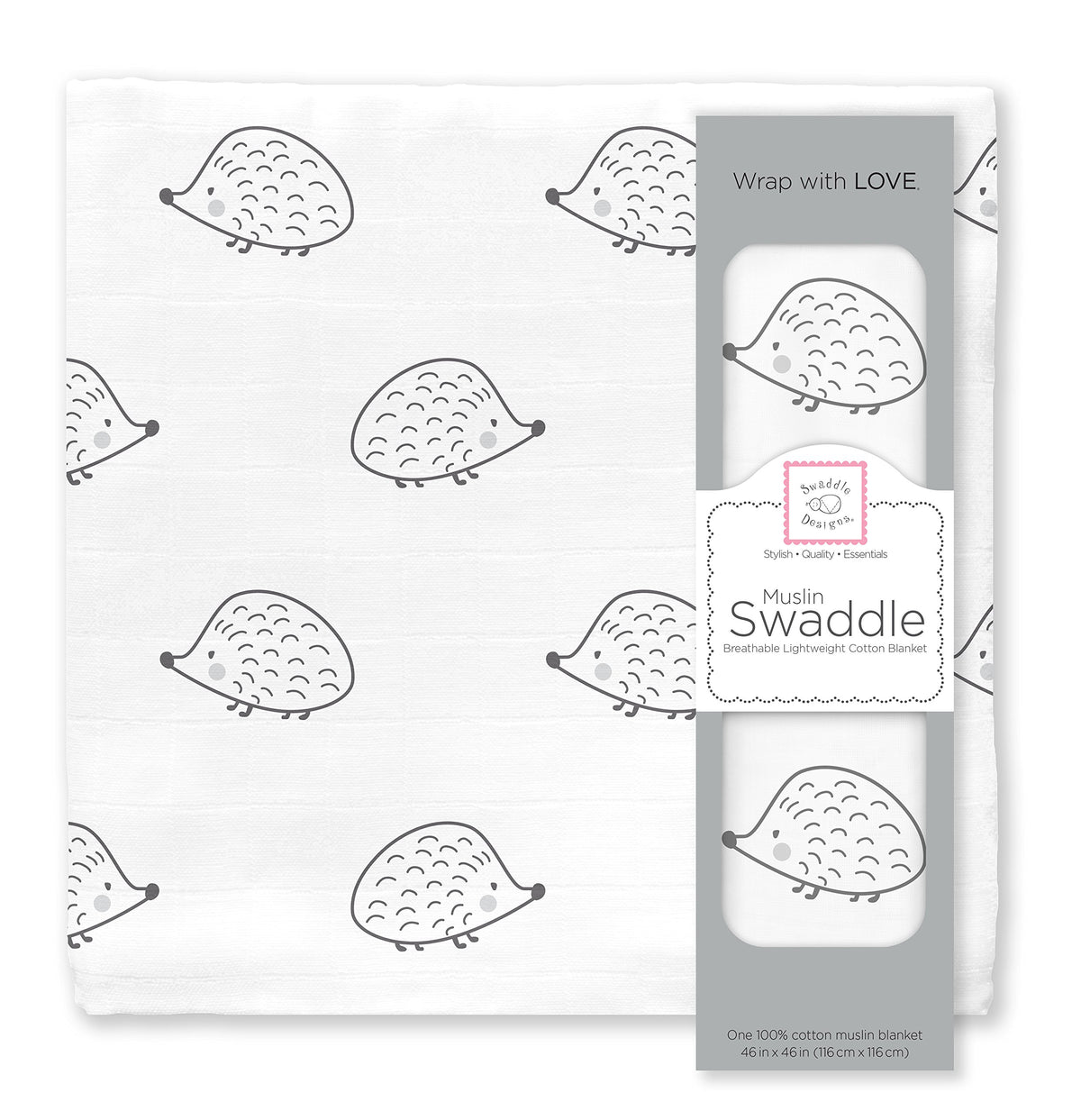 SwaddleDesigns Black Hedgehog muslin blanket in 46x46 inches, cozy and soft