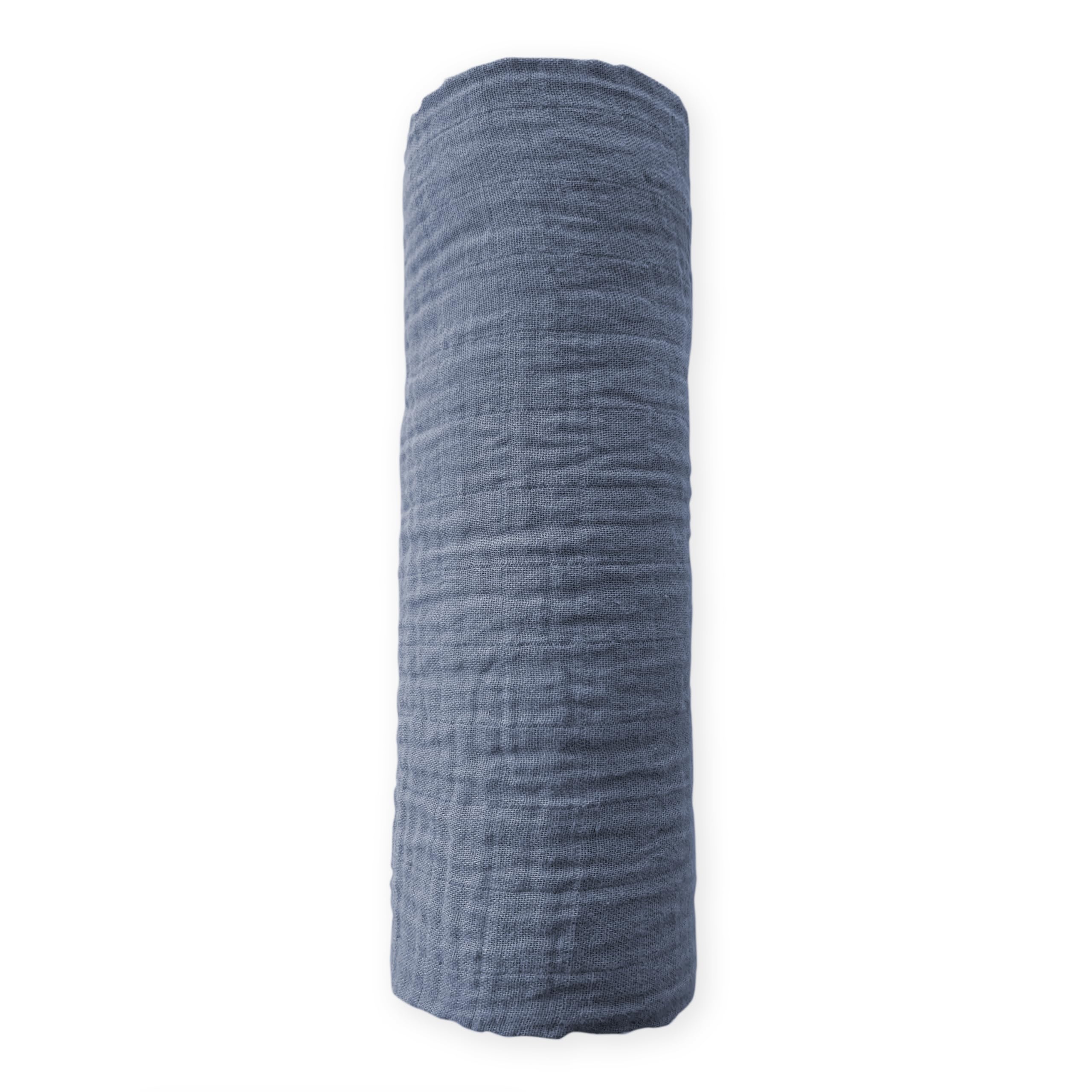 SwaddleDesigns denim muslin swaddle blanket folded; durable and machine washable.