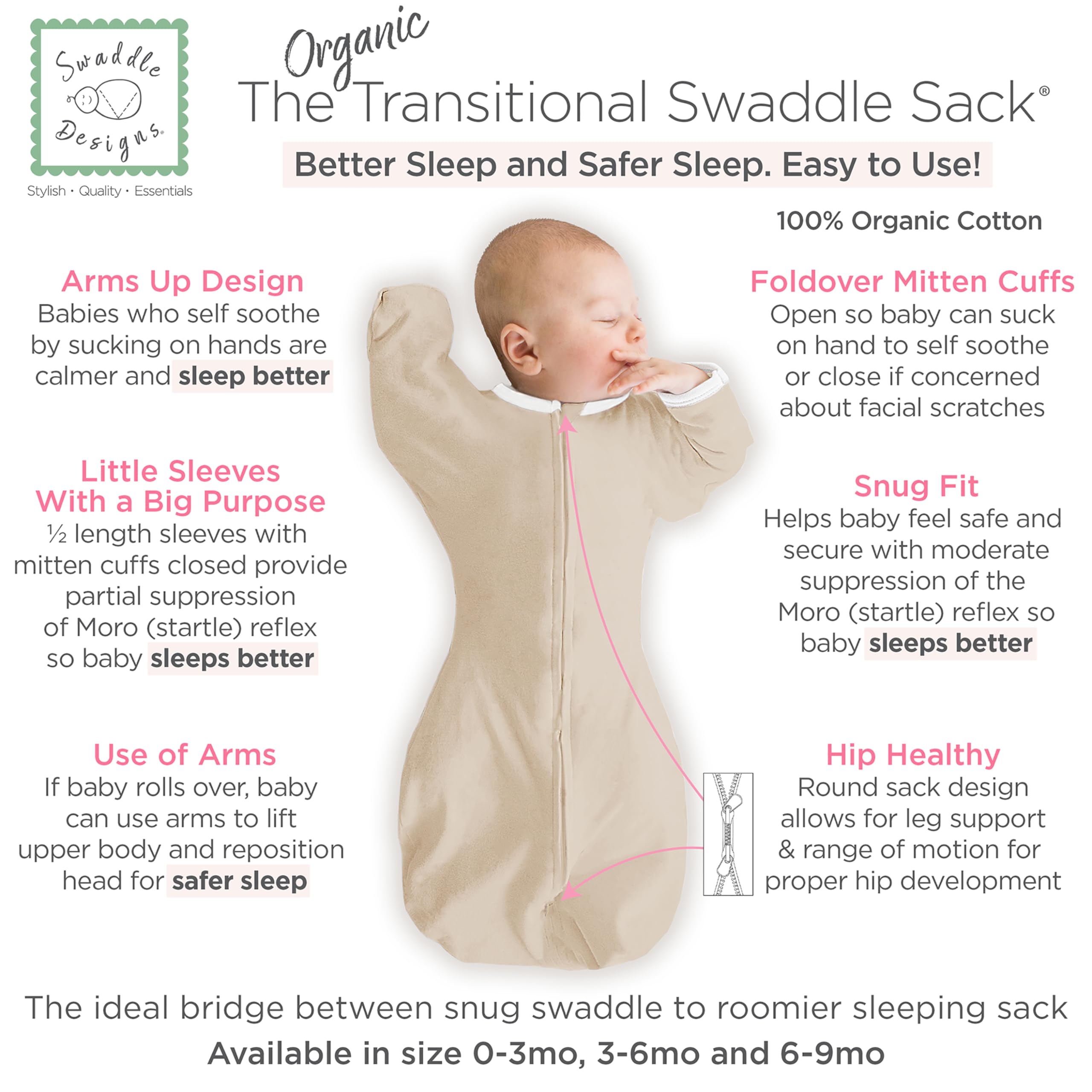 SwaddleDesigns arms-up sleeve close-up shows mitten cuffs for sleep safety.