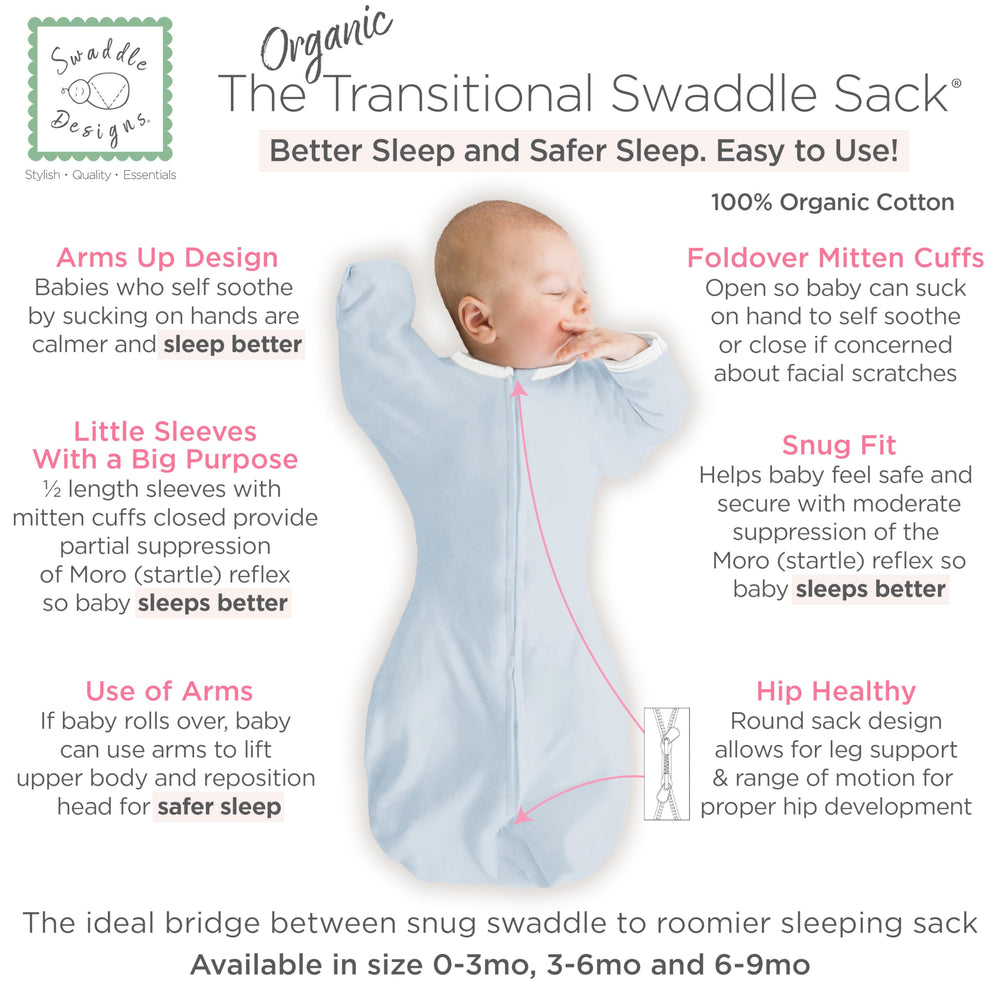 SwaddleDesigns arms-up half-length sleeves with mitten cuffs support self-soothing