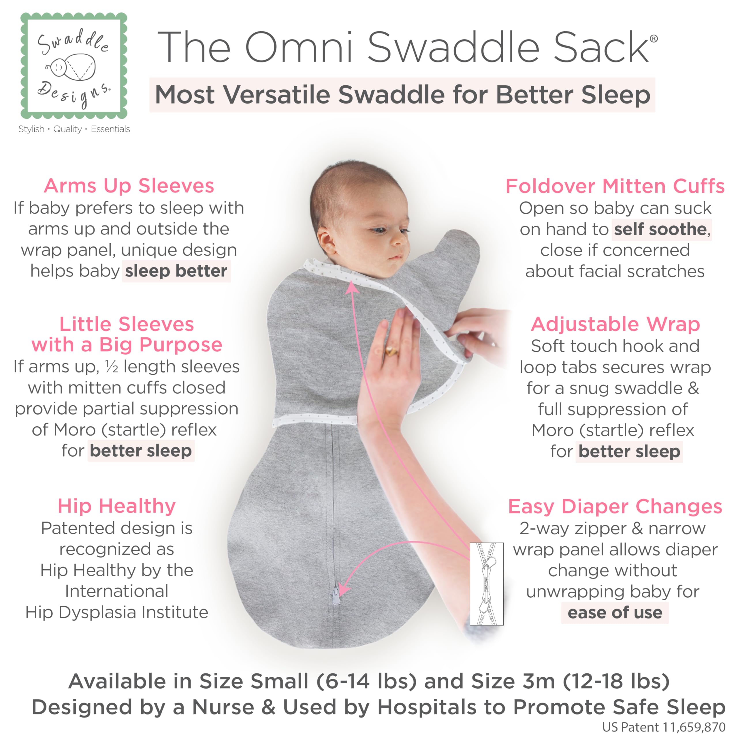 SwaddleDesigns Omni Swaddle Sack Half-Length Sleeves with easy access for soothing.