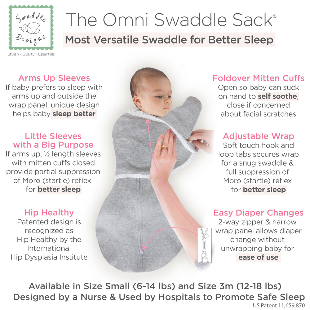 SwaddleDesigns Omni Swaddle Sack Half-Length Sleeves with easy access for soothing.