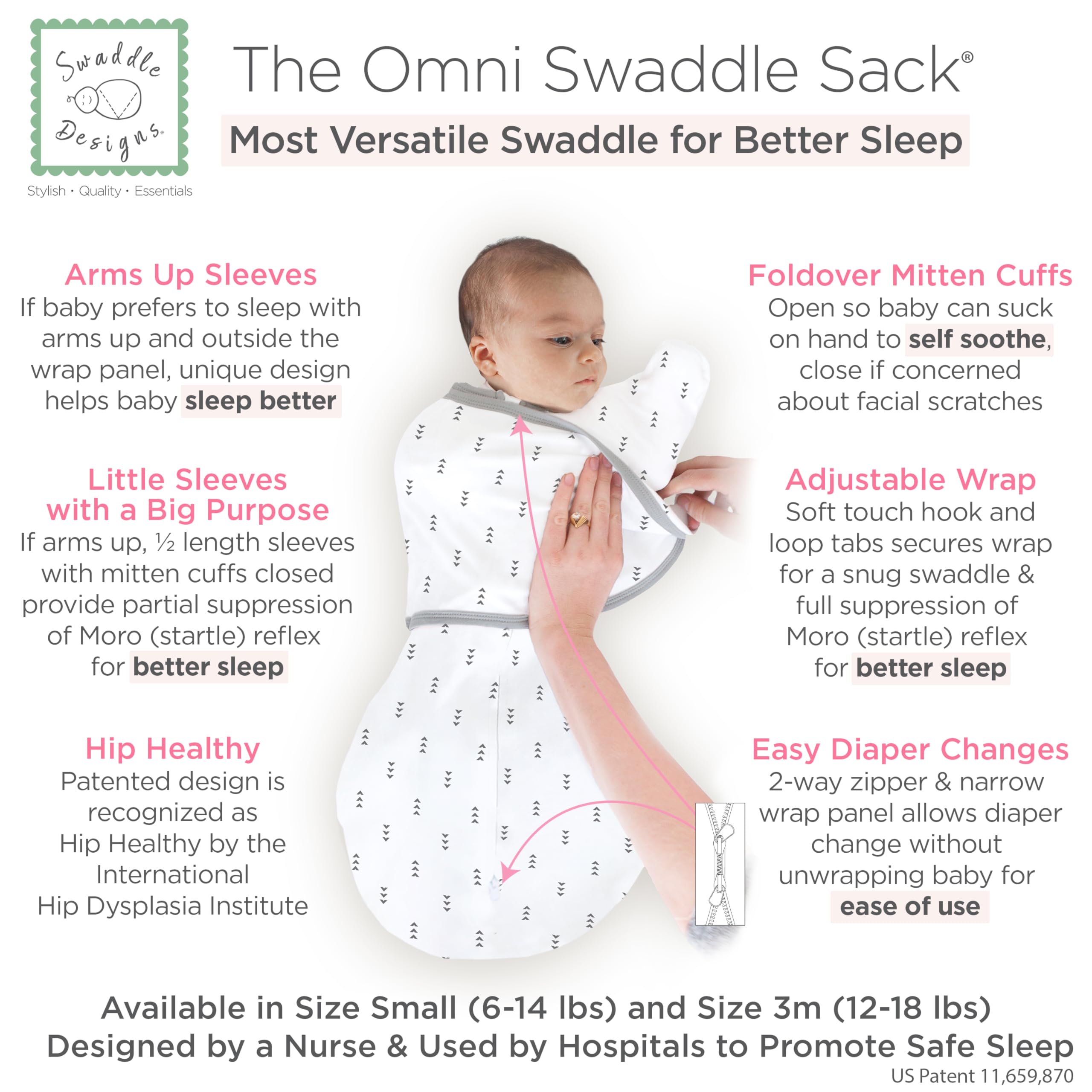 SwaddleDesigns Omni Sleeves with mitten cuffs provide warmth and self-soothing practice.