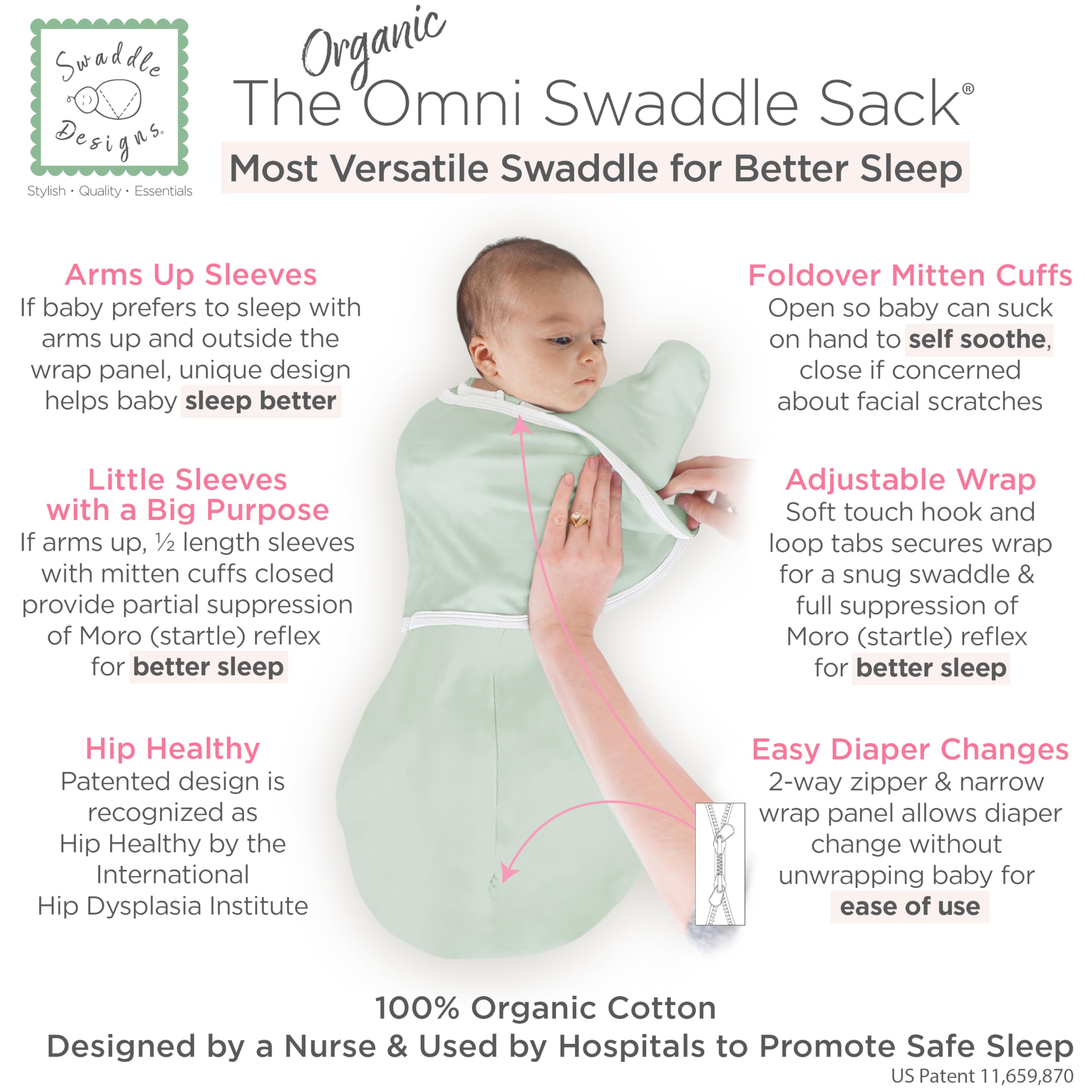 SwaddleDesigns Organic Omni Swaddle Adjustable Wrap allows growth with flexible snugness.