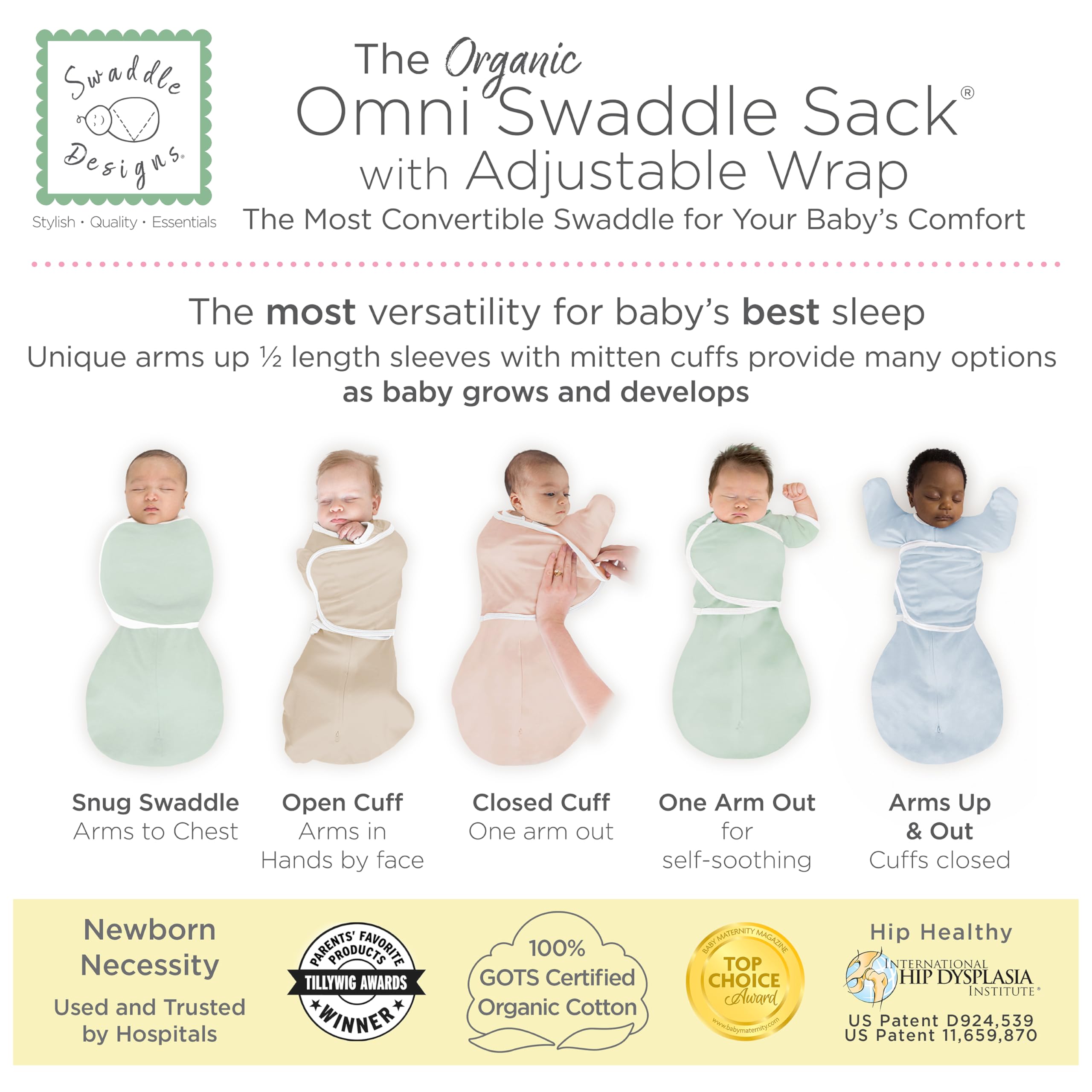 SwaddleDesigns Organic Omni Swaddle Mitten Cuffs protect delicate skin while offering soothing options.