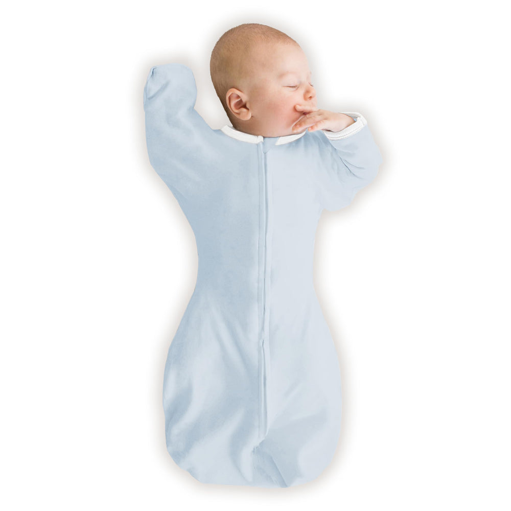 SwaddleDesigns organic transitional swaddle sack arms up sleeves close-up showing breathable fabric
