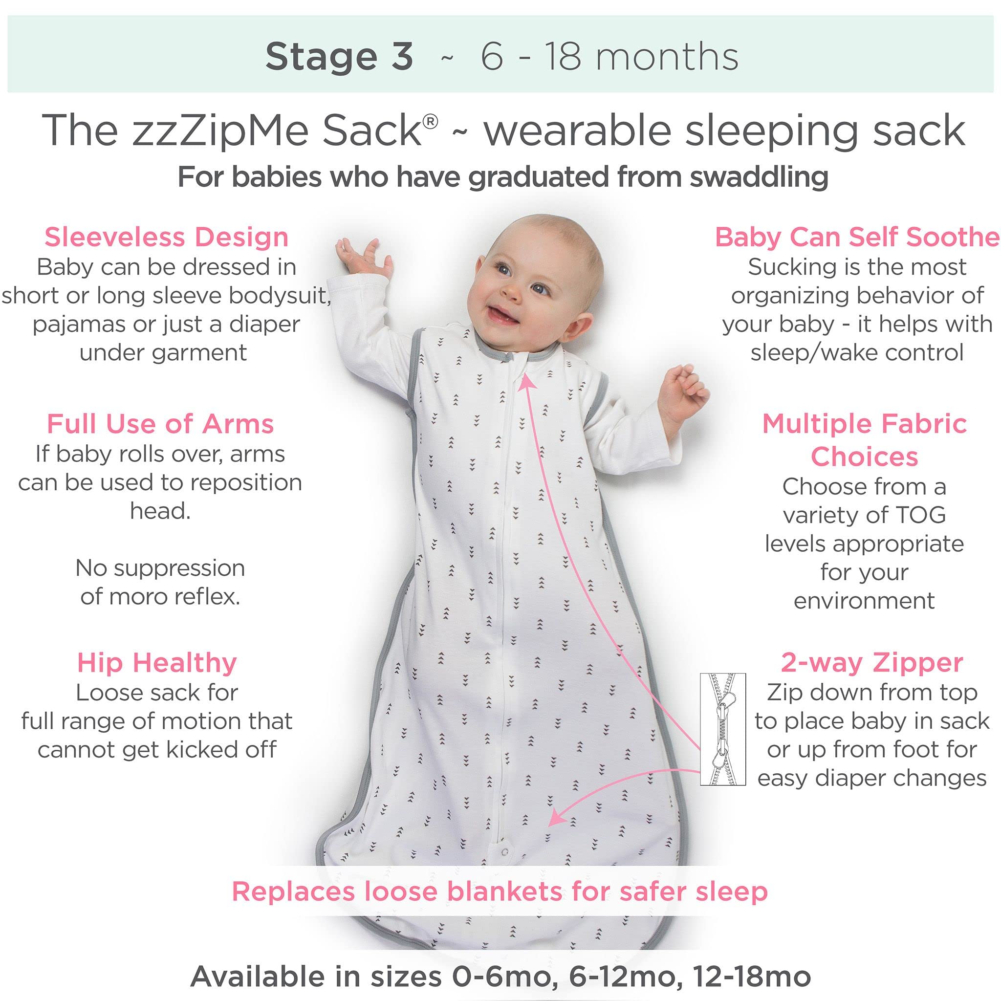 SwaddleDesigns sleep sack with foot-zipper opening for quick diaper changes