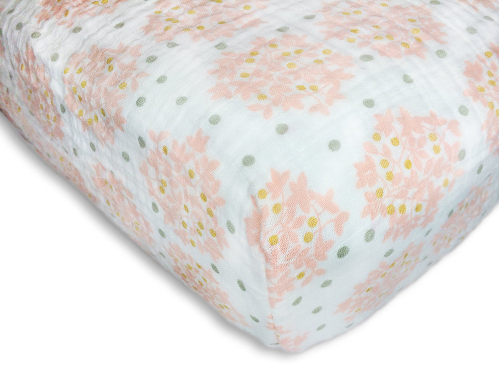 SwaddleDesigns softest cotton muslin fitted crib sheet in pink heavenly floral for a secure fit
