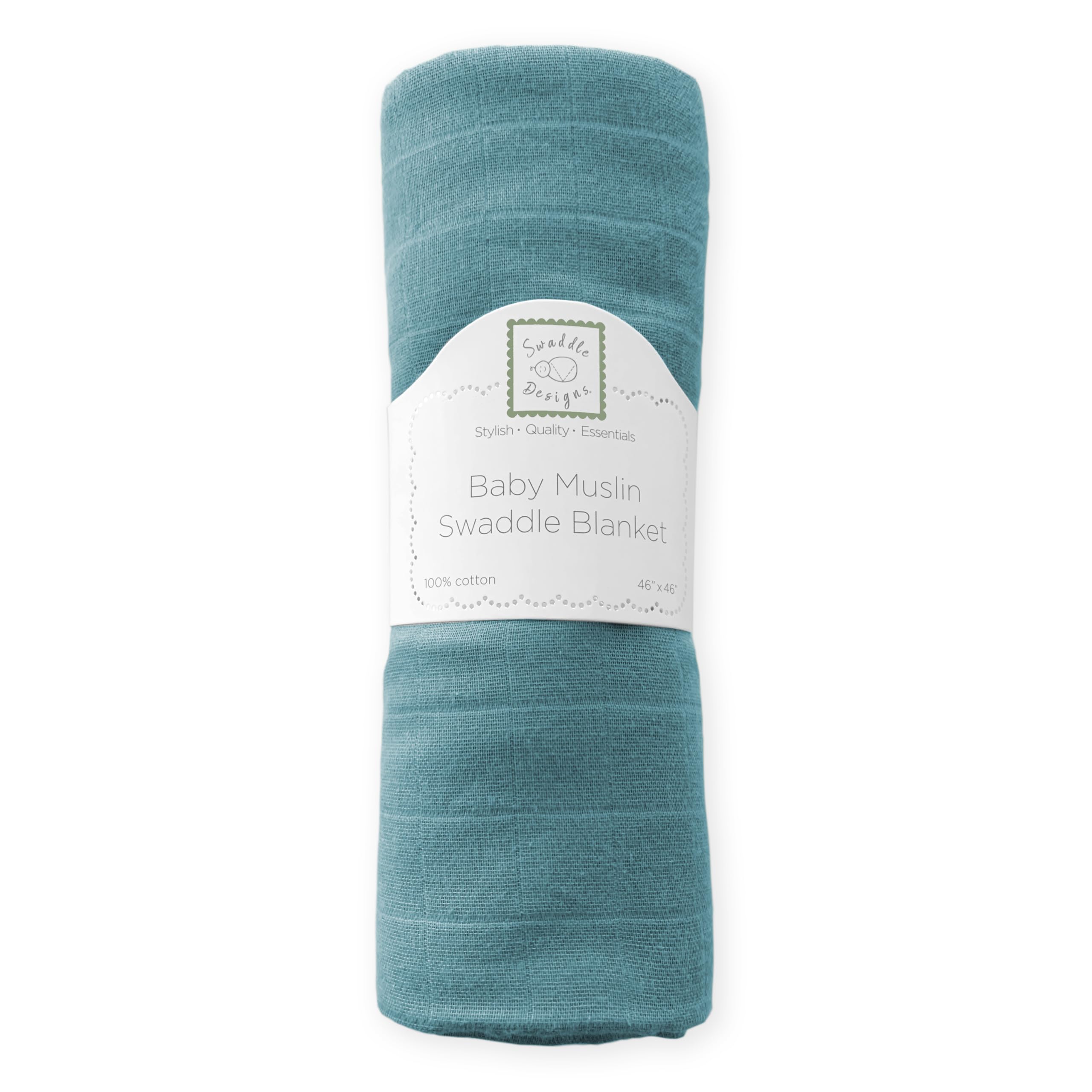SwaddleDesigns teal muslin blanket swaddling a baby to highlight easy wrap steps