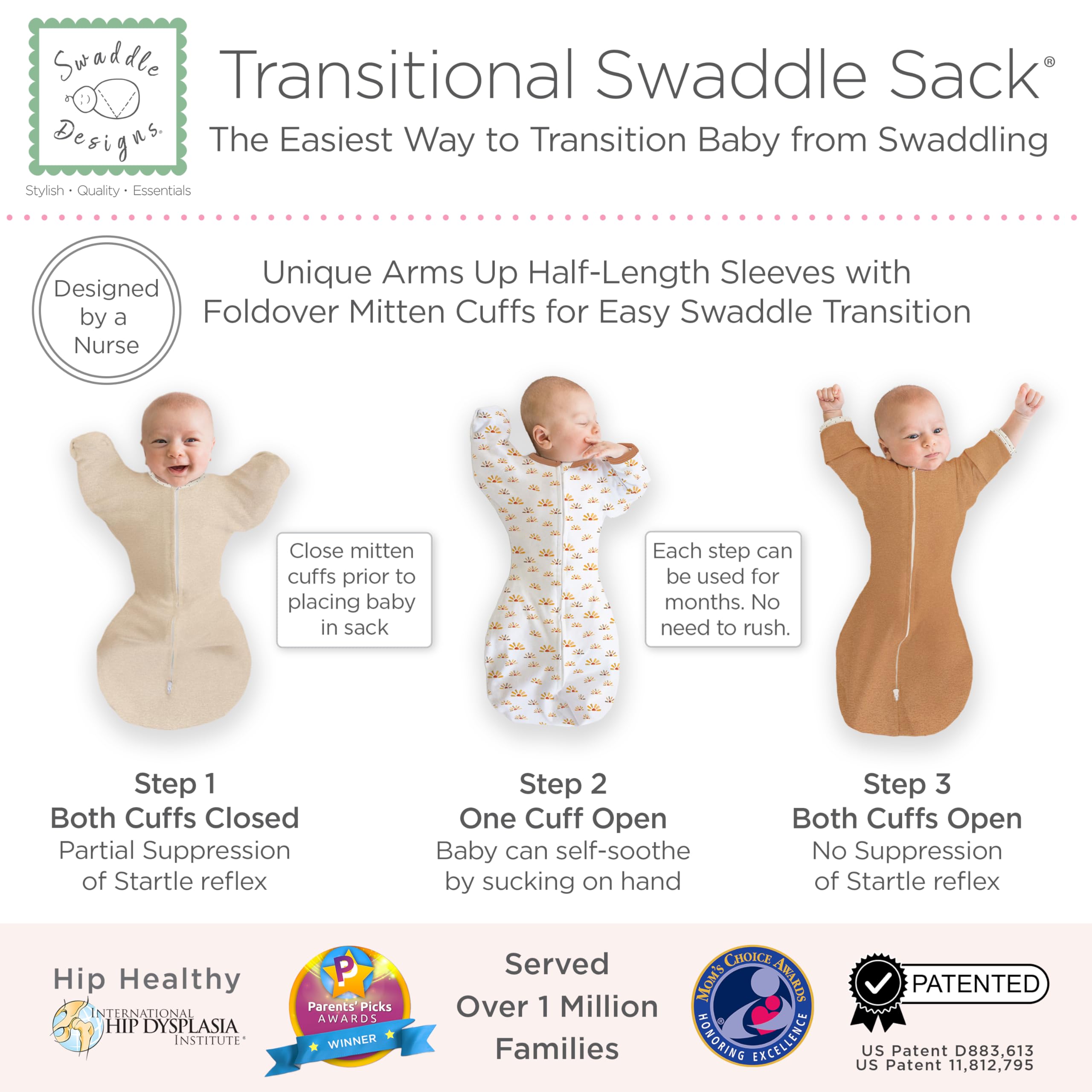 SwaddleDesigns mitten cuffs open or closed provide arm control and scratch protection.