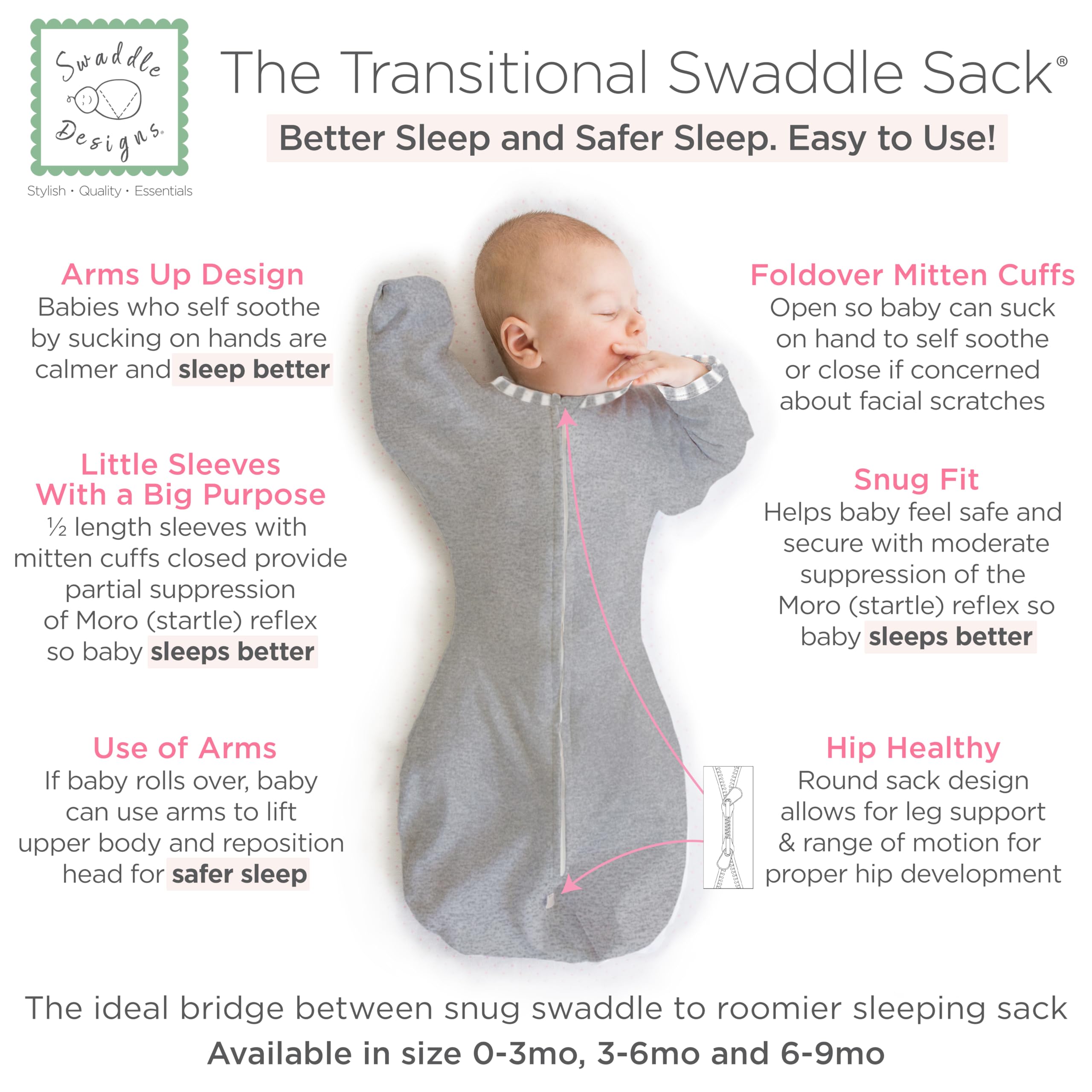 SwaddleDesigns Transitional Swaddle Sack half-length sleeves demonstrate gentle startle reflex management.