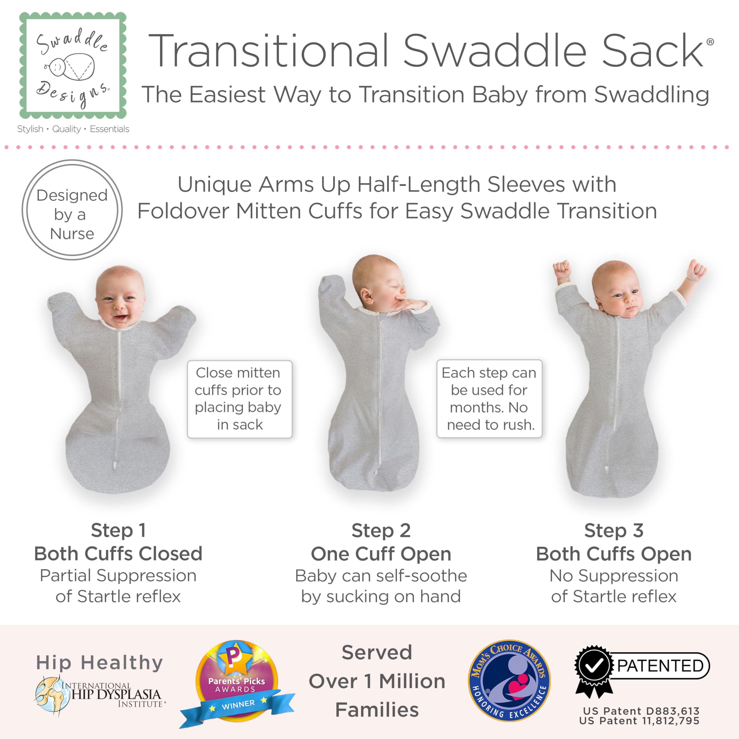 SwaddleDesigns 2-way zipper facilitates quick diaper changes during naps or night.